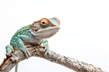 Fototapeta premium chameleon on a branch over white background