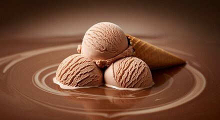 Chocolate ice cream in a waffle cone with creamy texture and rich flavor surrounded by melted chocolate