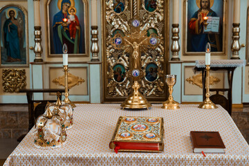 Elegant altar setup with religious artifacts and decorative elements