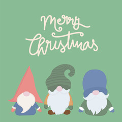 Three Christmas gnomes on a green background