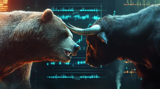 Dynamic financial concept showing a bull and bear fighting on top of stock charts.