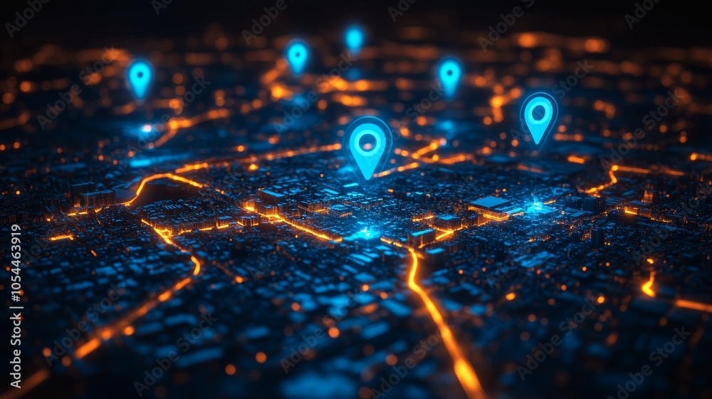 Aufkleber digital map with glowing location markers, futuristic city navigation concept