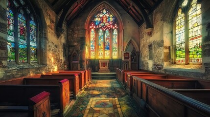 Obraz premium Vibrant stained glass windows adorn the walls of the historic Martin All Saints Church, nestled in the picturesque town of Rockbourne in Wiltshire, England.
