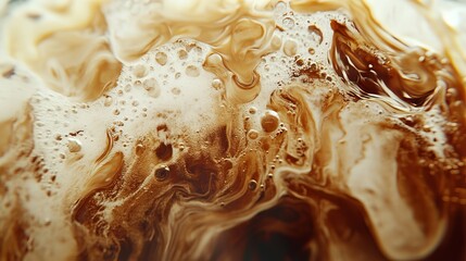 Watch the iced coffee and cream mix together in this stunning close-up. The tall glass is filled with ice, and as the white cream is added, it creates beautiful swirls through the dark coffee.