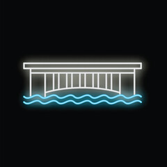White neon bridge is spanning over blue wavy water on a black background