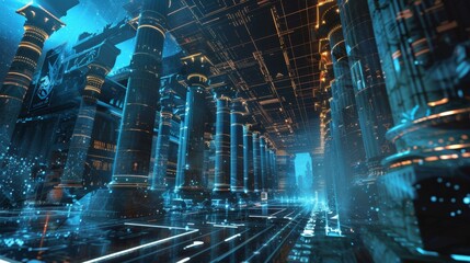 Obraz premium Futuristic ancient temple illuminating with glowing blue lights, digital grid forming a ceiling, creating a mesmerizing blend of past and future technologies