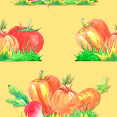 Seamless watercolor pattern vegetable composition on a beige background