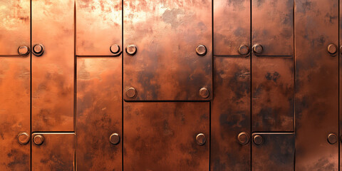 Fototapeta premium A close up of a rusty metal door with rivets and bolts, rustic and aged look. Minimalist wallpaper background in bronze copper color. 