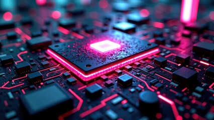 Close up of illuminated blue microchip with red circuitry on motherboard	