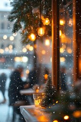 Cozy winter cafe window with snowflakes and warm lights.