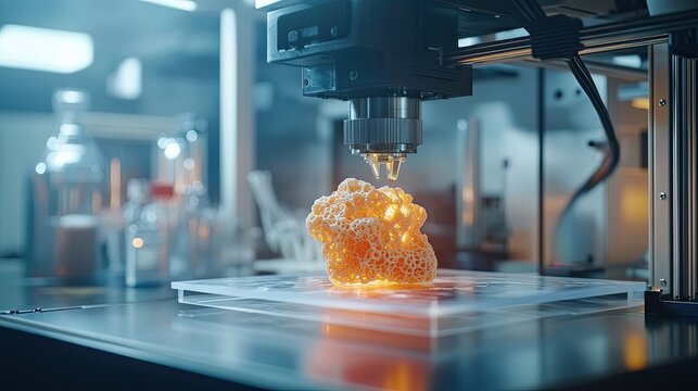 A 3D printer creating complex biological structures in a modern lab setting,