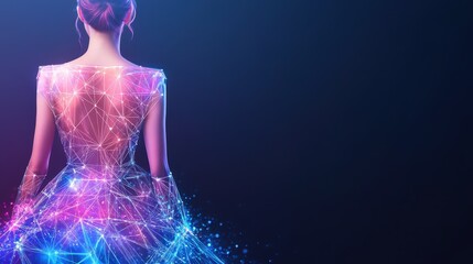 Fototapeta na wymiar Back view of a woman wearing a dress made of digital light patterns, set against a dark background, highlighting futuristic fashion.