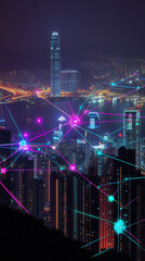 Obraz premium Futuristic city with glowing digital network connections at night