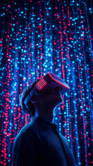 Obraz premium Person in VR headset experiencing digital world with neon lights