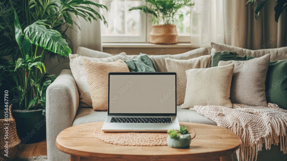 Wall mural a cozy living room features a laptop open on a wooden table, surrounded by plush pillows and lush in