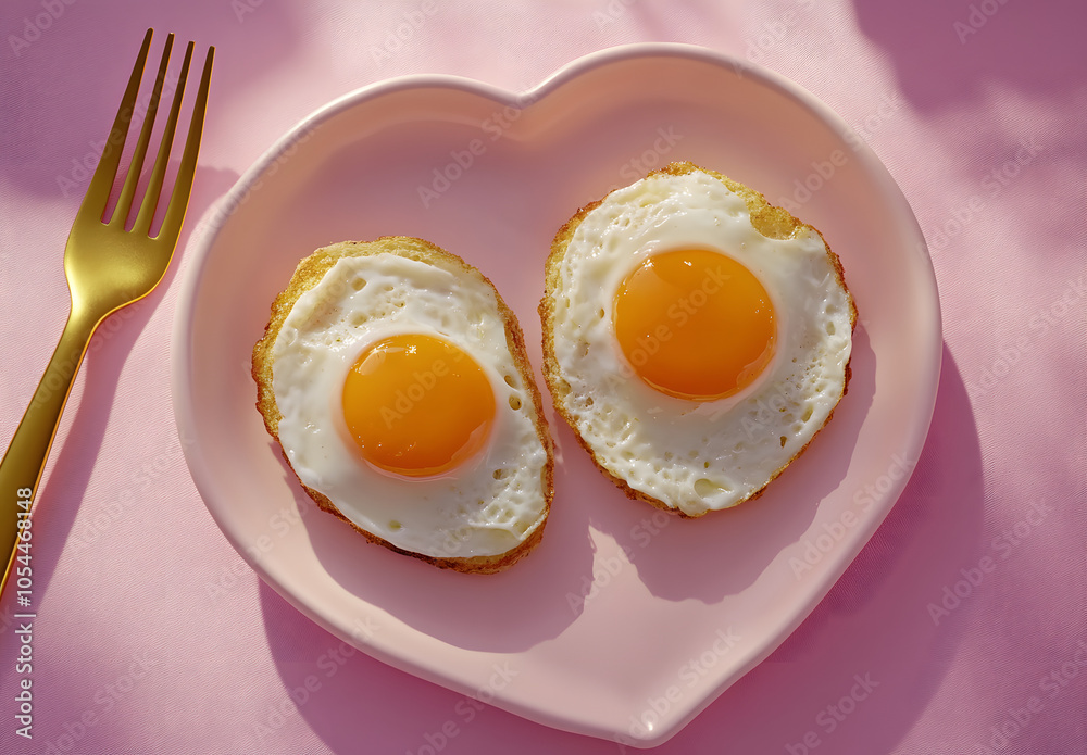 Wall mural heart shaped plate with fried eggs on a pink background, golden fork, breakfast concept, romantic br