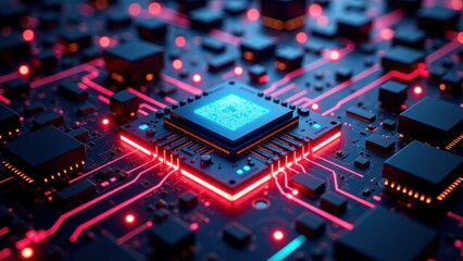 Close up of futuristic microchip with orange circuitry and blue core	