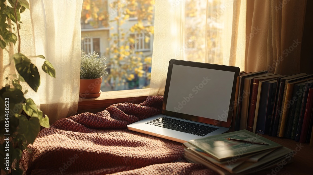 Poster A warm and inviting workspace features a laptop resting on a plush blanket by a window. Sunlight filters in through sheer curtains, illuminating a small potted plant and nearby stacked books.