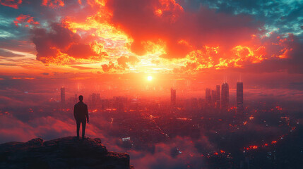 Fototapeta premium Silhouette of a man standing on a cliff, looking over a futuristic cityscape with towering skyscrapers at sunset. A concept of future vision and progress