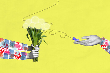 Creative collage picture hands body fragment flowers bouquet present valentine day march february...