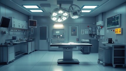 A clean and sterile operating room with modern surgical machines and neatly arranged tools.