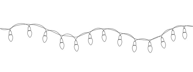 Festoon, garland with bulbs drawing with one continuous line. Festive, Christmas garland in simple linear style.  Separating frame for banner, background. Vector editable illustration