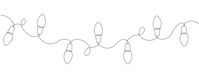 Festoon, garland with bulbs drawing with one  editable continuous line. Festive, Christmas garland in simple linear style.  Separating frame for banner. Vector illustration