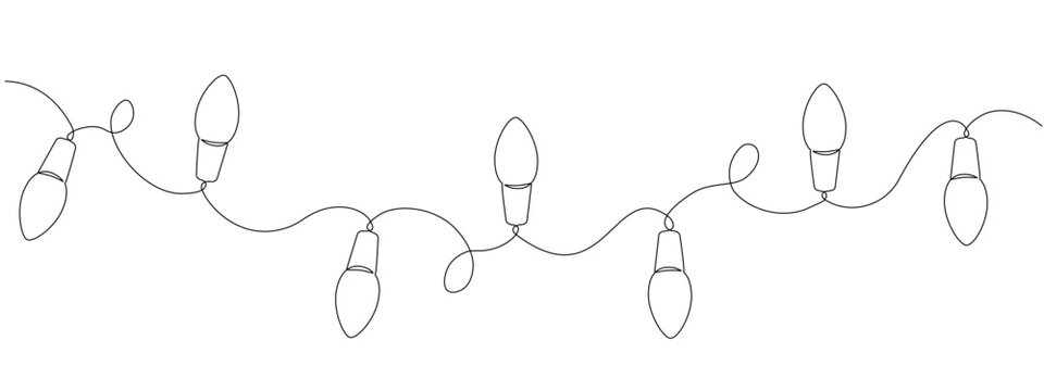 Festoon, garland with bulbs drawing with one  editable continuous line. Festive, Christmas garland in simple linear style.  Separating frame for banner. Vector illustration