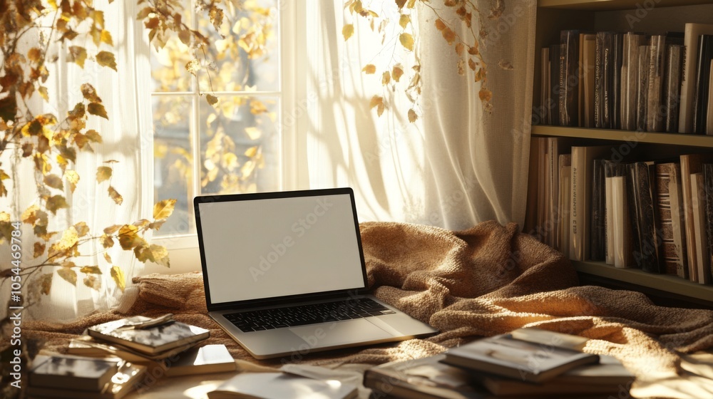 Aufkleber a tranquil workspace features a laptop resting on a soft blanket, surrounded by books and bathed in 