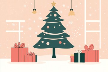 Christmas setting with tree and gifts against pastel backdrop.