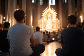 Obraz premium People of different ages meditate together in an opulent and serene church space, illuminated by radiant sacredness, embracing tranquility and spiritual depth.