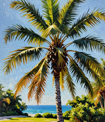 Palm tree. Oil painting. Pattern for printing on wall decorations, fabrics, for use in graphics.