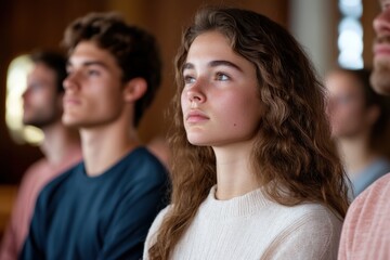 Obraz premium A group of youthful individuals together in a peaceful indoor environment, showcasing quiet reflection and engagement, highlighting a serene contemplative atmosphere.