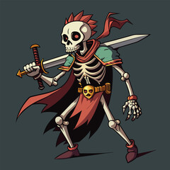 A cartoon skeleton warrior with a red cape, holding a sword. This fun and spooky illustration is perfect for Halloween, fantasy projects, or anything that needs a touch of gothic flair.