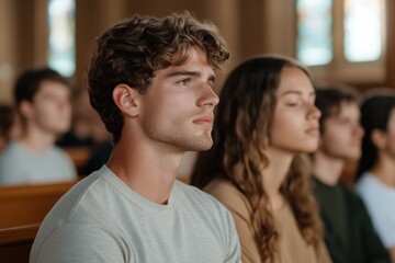 Fototapeta premium A group of young adults sitting calmly indoors, reflecting diverse emotions and thoughts, capturing a moment of peaceful introspection in a serene environment.