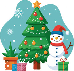 A cheerful illustration featuring a snowman standing beside a decorated Christmas tree, perfect for adding festive cheer to your projects. This colorful design is ideal for holiday cards.