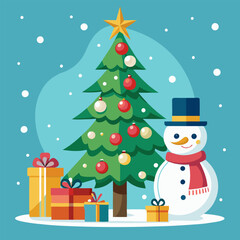 A cheerful Christmas scene featuring a decorated tree, gifts, and a friendly snowman. Perfect for holiday greetings, cards, or winter-themed designs.