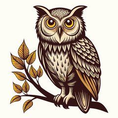 A detailed illustration of an owl perched on a branch, with intricate feathers and a wise expression. Perfect for nature-themed designs, educational materials.