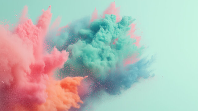 Explosion of pastel colored powders on a neutral mint colored background | Useful for abstract backgrounds, product photography and screens