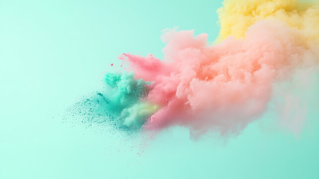 Explosion of pastel colored powders on a neutral mint colored background | Useful for abstract backgrounds, product photography and screens
