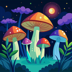 A whimsical illustration of colorful mushrooms glowing in a magical forest at night, perfect for fantasy or fairytale themes. The vibrant colors and intricate details create a dreamlike atmosphere.