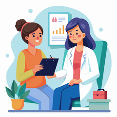 A female doctor is sitting in a chair, listening to a patient who is sitting across from her. The doctor is holding a clipboard and pen, ready to take notes.