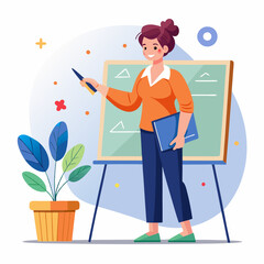 A cheerful female teacher standing in front of a whiteboard, pointing at a diagram and explaining a concept to her students. This illustration is perfect for education-related content, websites.