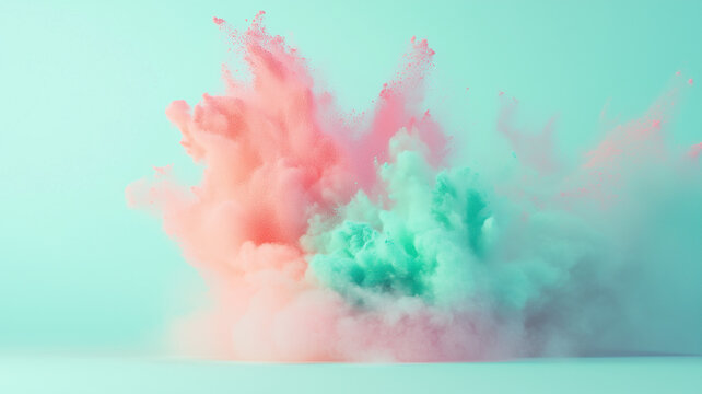 Explosion of pastel colored powders on a neutral mint colored background | Useful for abstract backgrounds, product photography and screens