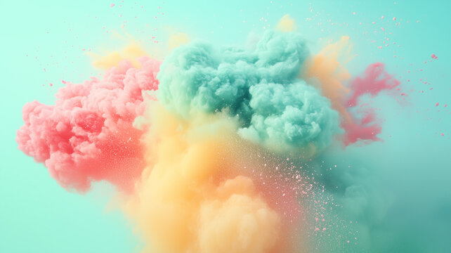 Explosion of pastel colored powders on a neutral mint colored background | Useful for abstract backgrounds, product photography and screens