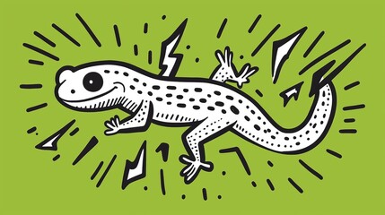 Obraz premium A cheerful gecko with electric sparks on a vibrant green background