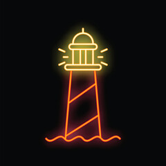 Colorful neon sign depicting a lighthouse shining its beam across the water