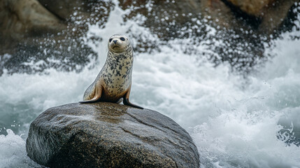 Fototapeta premium Harbor seal perched on a rock amidst the ocean waves, showcasing resilience and tranquility in its natural habitat