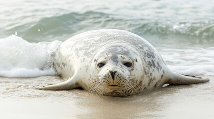 Cute harbor seal pup relaxes on the sandy shore as soft waves create a tranquil coastal moment
