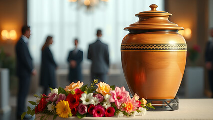 Beautiful wooden cremation urn beside a floral arrangement at a memorial service